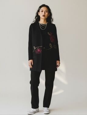 Black Embroidered Floral Wool Vest